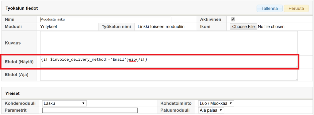 Kuvakaappaus ohjelmistokäyttöliittymästä, jossa on ehdollinen lauseke kentässä ''Ehdot (Näytä)''.