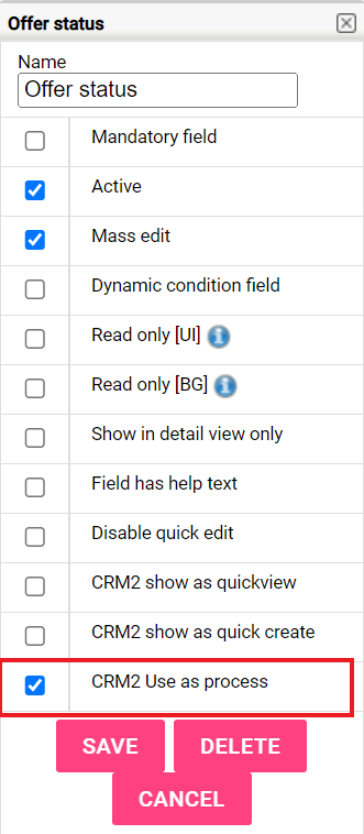 A screenshot of a software interface for configuring 'Offer status' with multiple checkbox options and SAVE/DELETE/CANCEL buttons.