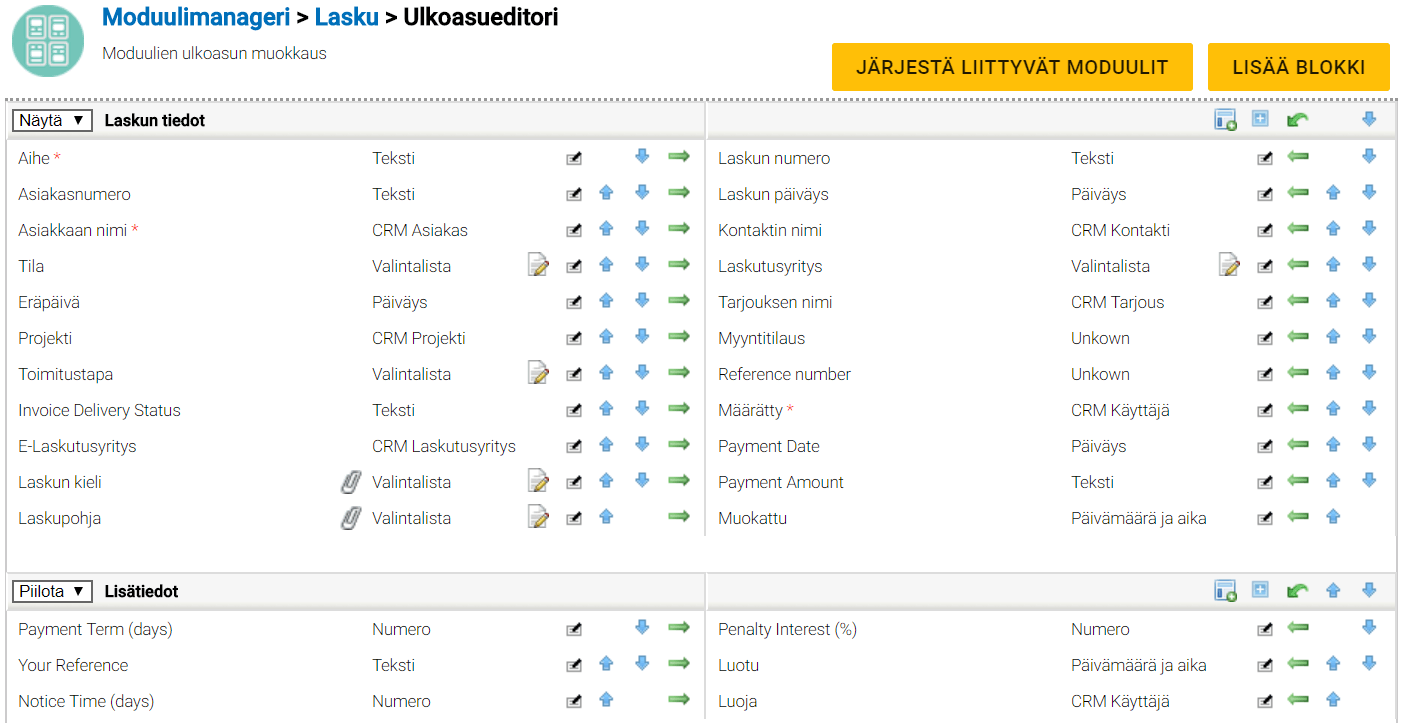 Kuvakaappaus moduulimanagerin laskun asettelueditorista, jossa on kenttiä ja mukautusvaihtoehtoja.