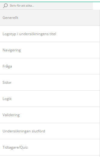 Skärmdump av en meny med inställningar för en undersökning med alternativ som Generellt, Navigering och Sidor.