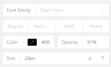 A user interface showing font options: family (Open Sans), styles, color (black), opacity (91%), and size (24px).