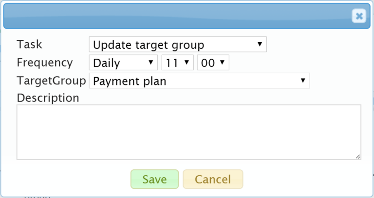 Screenshot of a software dialog box for scheduling a task named "Update target group".
