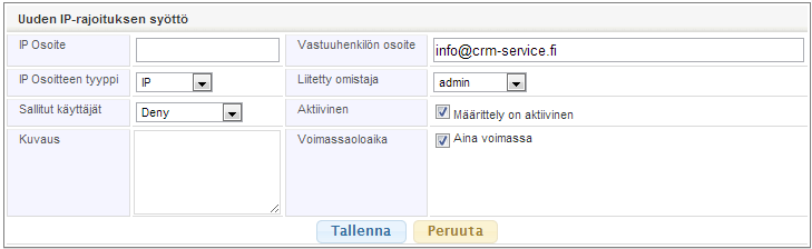 Kuvakaappaus IP-alueen määrittelyn asetusikkunasta, jossa on useita kenttiä ja kaksi painiketta: Tallenna ja Peruuta.
