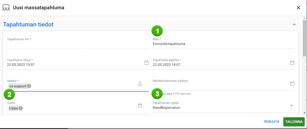 Kuvakaappaus 'Uusi massatapahtuma' -lomakkeesta, jossa on kentät tapahtuman tietoja, päivämäärää ja tuotetyyppiä varten.