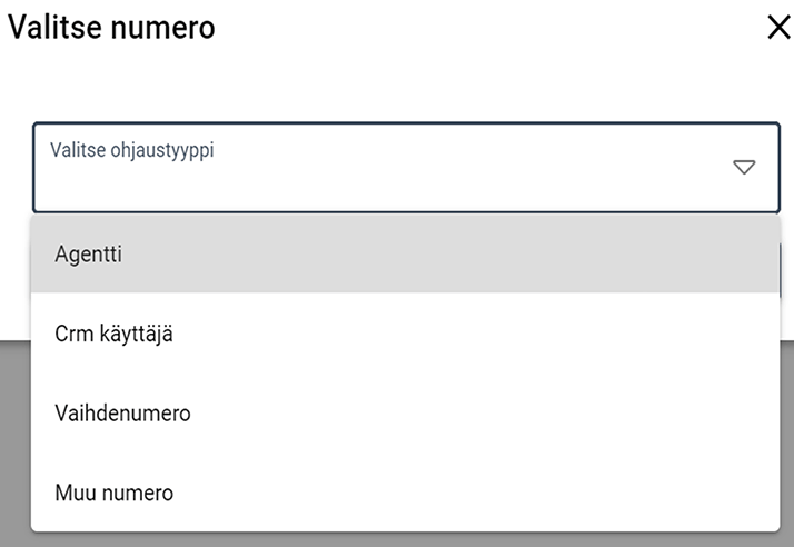 Kuvakaappaus soitonsiirtorajapinnasta, jossa on vaihtoehtoja agentille, CRM-käyttäjälle, saapuvalle tai muulle numerolle.
