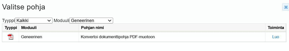Dokumenttipohjan valintatyökalun käyttöliittymä, jossa on vaihtoehtoja yleisen asiakirjan muuntamiseksi PDF:ksi.