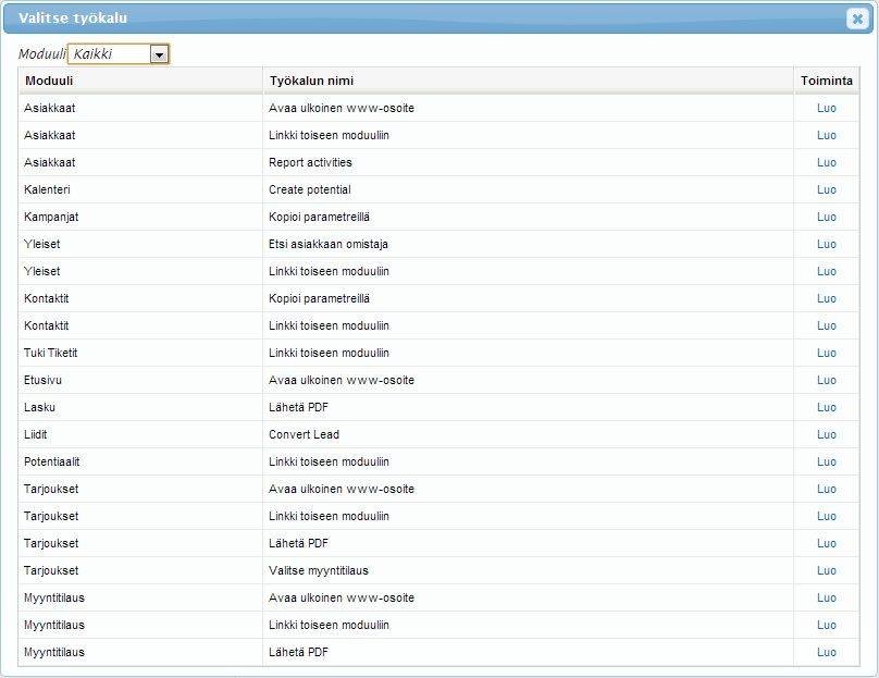 Kuvakaappaus ohjelmiston käyttöliittymästä, jossa on luettelo moduuleista ja työkaluista, joissa on ”Luo”-toiminnot.