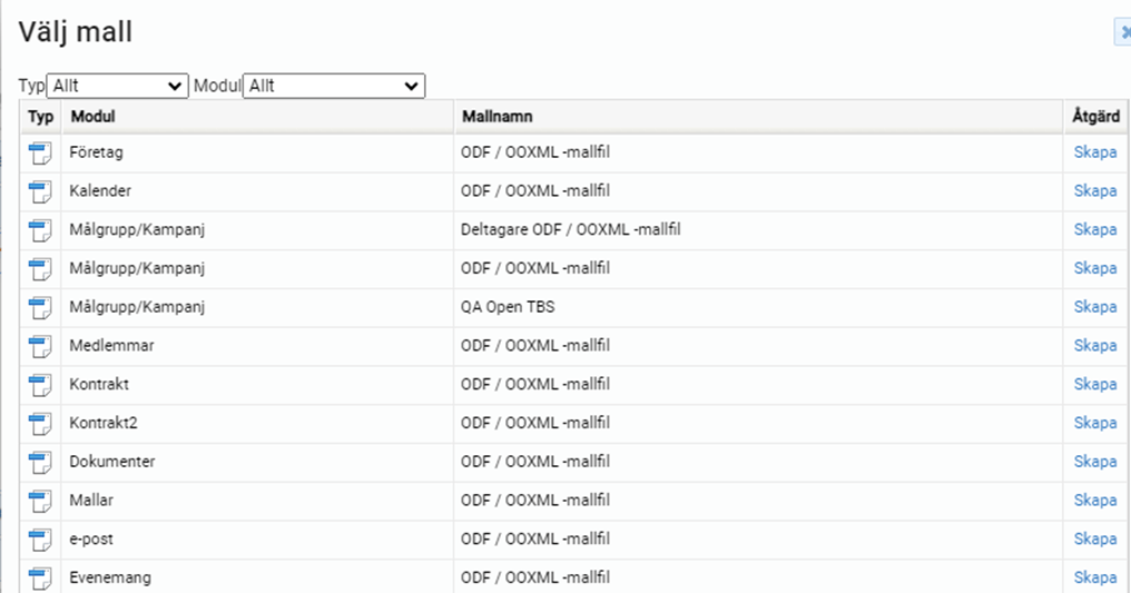 Programgränssnitt som visar en lista över dokumentmallar med åtgärdsknappar för ”Skapa”.