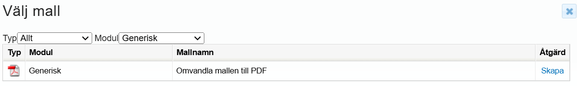 Användargränssnitt för ett verktyg för mallval med alternativ för att konvertera ett generiskt dokument till PDF.
