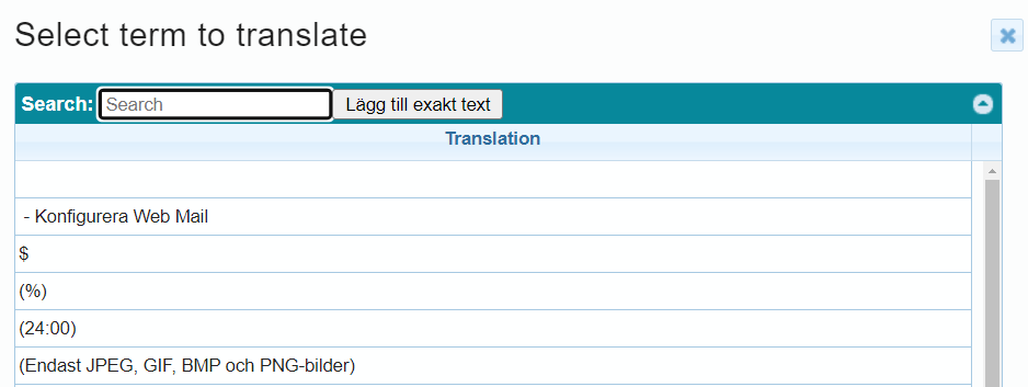 Skärmdump av ett översättningsgränssnitt med sökfunktion och lista över termer som ska översättas.
