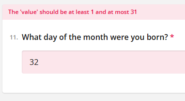 Error message on a form indicating "32" is an invalid birth date entry.