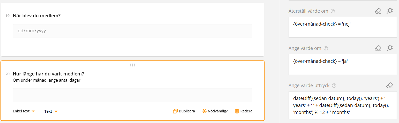 Skärmdump av ett onlineformulär för medlemskap med fält där man frågar efter inträdesdatum och medlemskapets varaktighet.