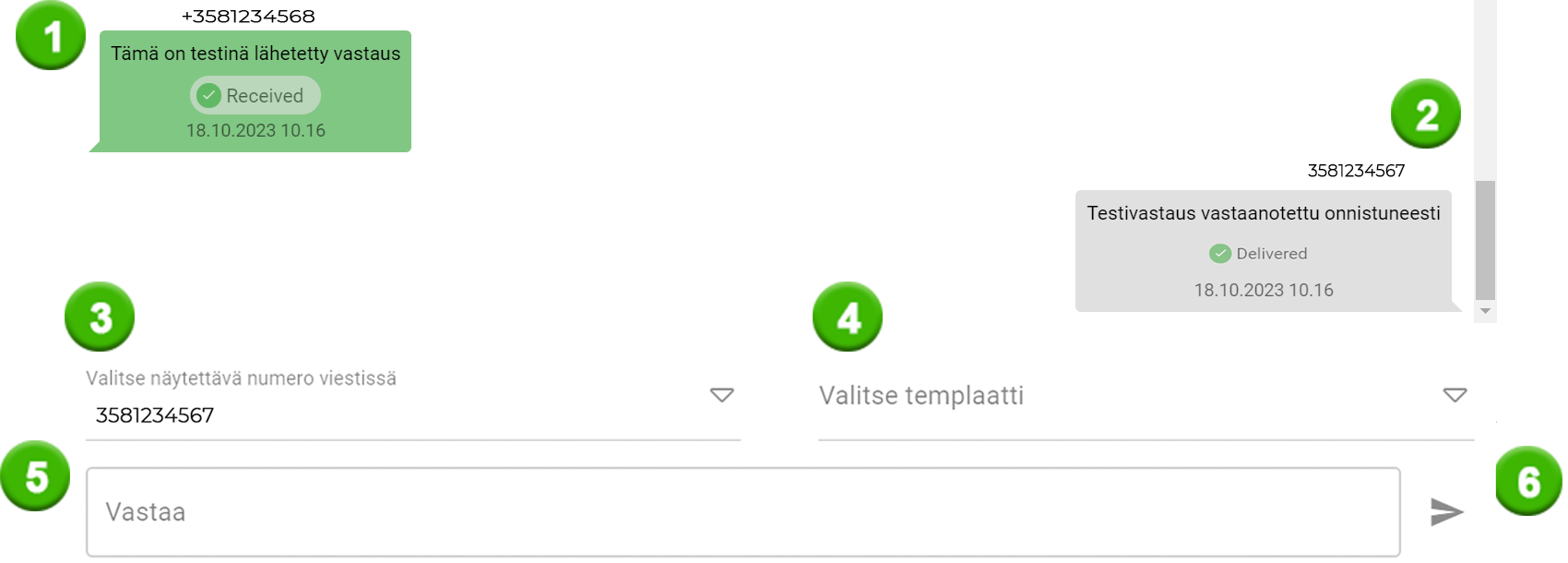 Viestiliittymä, jossa näkyy tekstiviestien vaihto, jossa on toimitustilan ilmaisimet ja vastauskenttä.