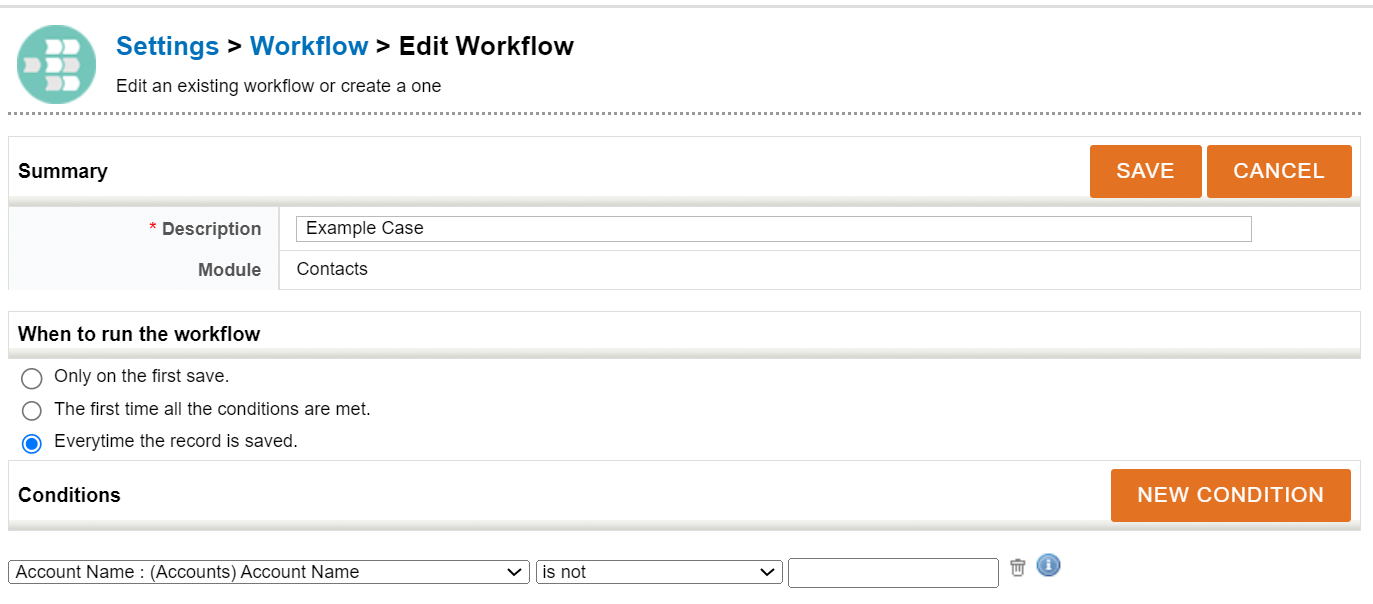 Screenshot of a workflow settings page with options to set conditions and run criteria.