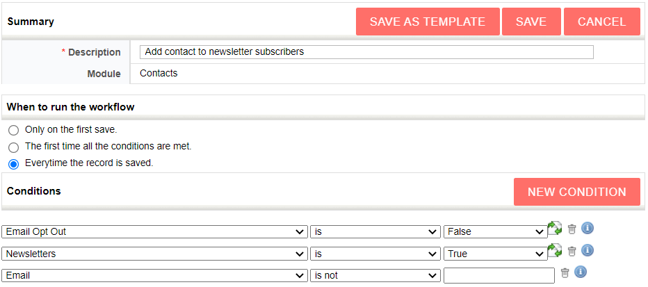 Screenshot of a workflow configuration interface with conditions for email newsletter subscription.