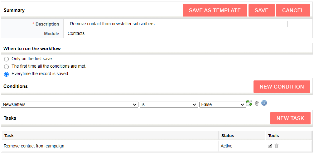 Screenshot of a workflow configuration interface to remove contacts from a newsletter list.
