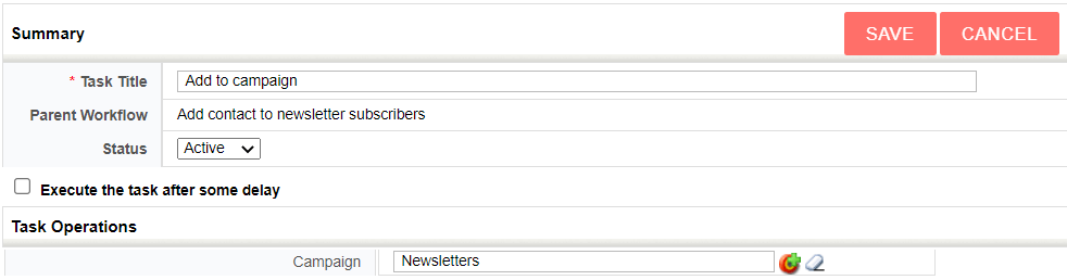 Screenshot of a user interface for task configuration with title "Add to campaign" and active status.