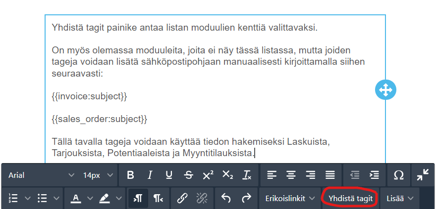 Kuvakaappaus tekstieditorin käyttöliittymästä, jossa on avattu valikko, jossa korostuu 'Yhdistä tagit' -vaihtoehto.