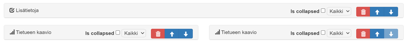 Kuvakaappaus käyttöliittymästä, jossa on painikkeet lajittelua ja poistamista varten 'Entity chart' -osiossa.