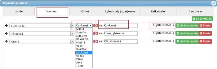 Kuvakaappaus raportin asetusten käyttöliittymästä, jossa on ennusteita ja ehtoja koskevia vaihtoehtoja.