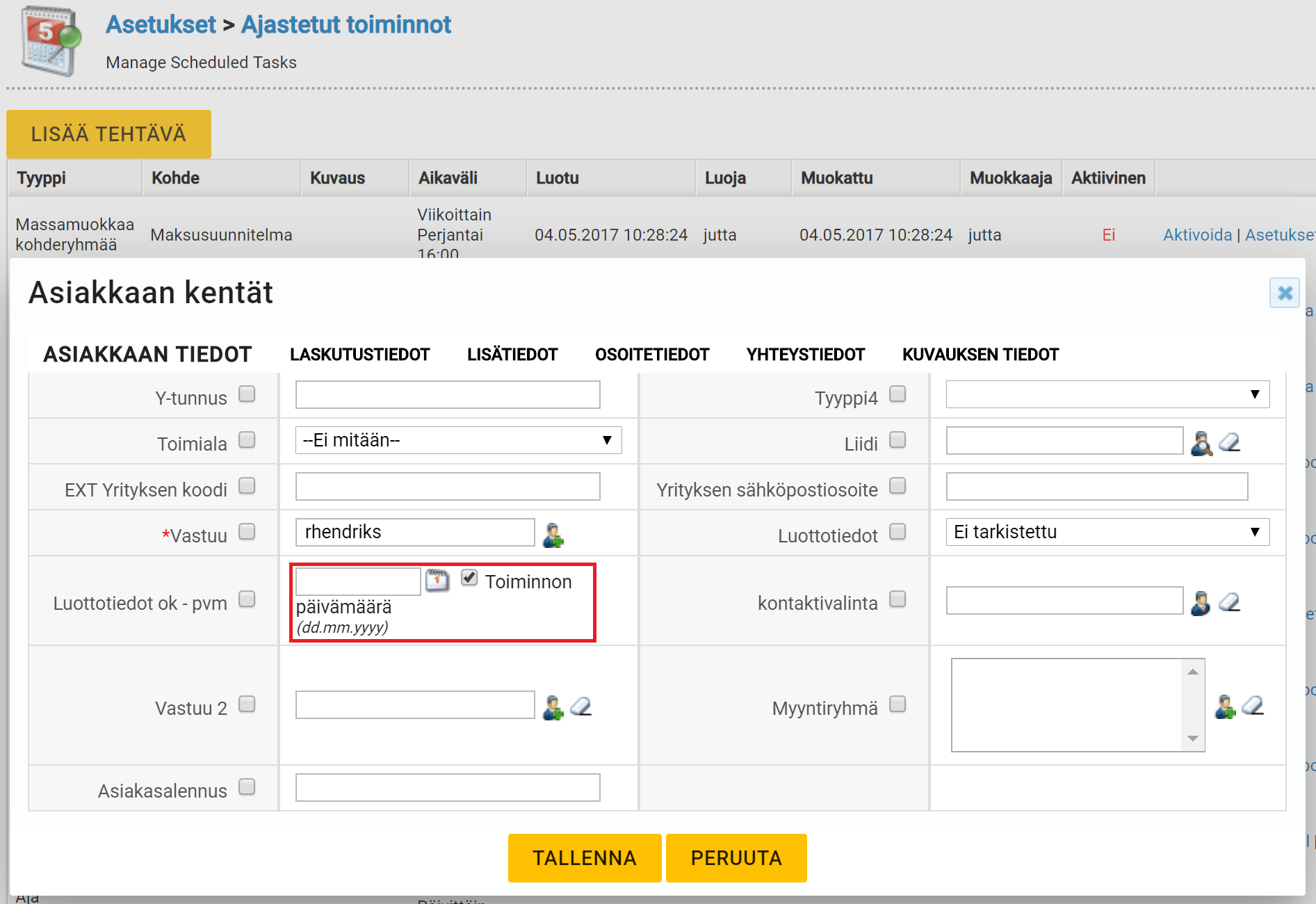 Kuvakaappaus tehtävienhallintaohjelmiston käyttöliittymästä, jossa on korostettu päivämäärän syöttökenttä.