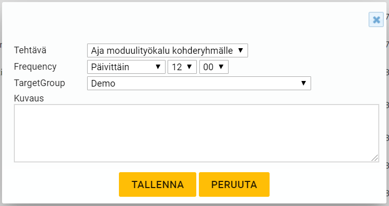 Ohjelmiston aikataulutuskäyttöliittymä, jossa on tehtäväasetukset, taajuusvaihtoehdot, kohderyhmän valinta ja kuvauskenttä.