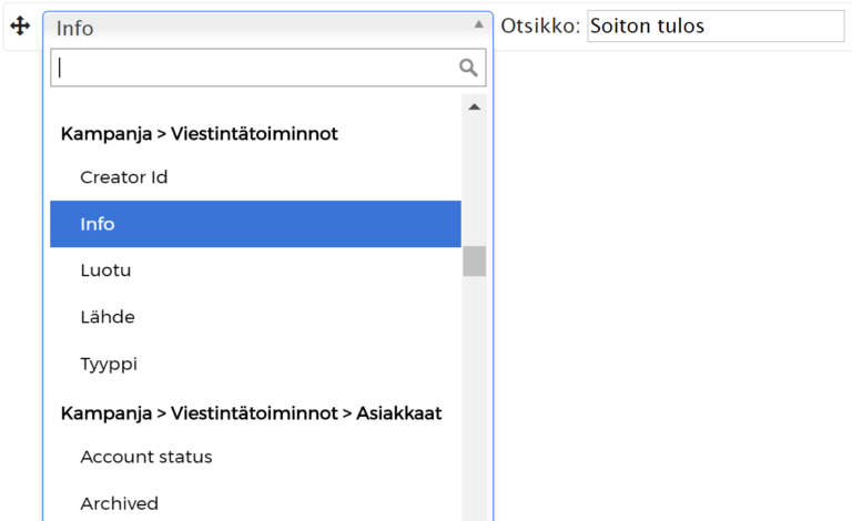 Kuvakaappaus ohjelmiston käyttöliittymästä, jossa näkyy valikko ”Kampanja > Viestintätoimet”.