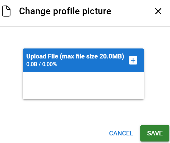 Dialog box titled "Change profile picture," featuring an upload section with file size limit, and options to cancel or save changes.