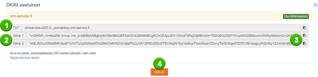 Kuvakaappaus DKIM-tietueen hallintaliittymästä, jossa on moniosaisia TXT-arvoja verkkotunnuksen tarkistamista varten.