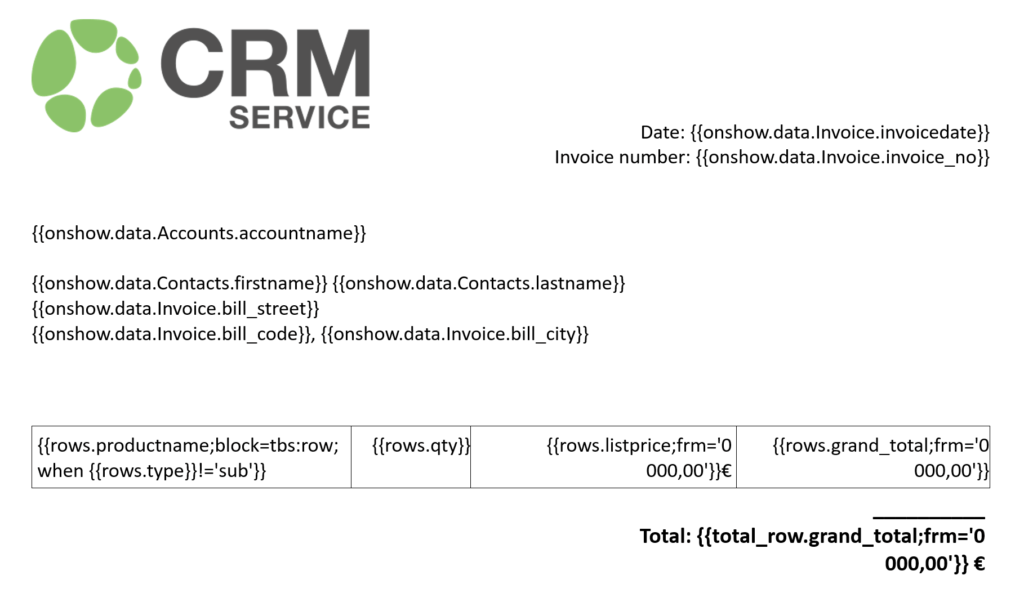 Document template for CRM Service with placeholders for customer information, date, and line items.
