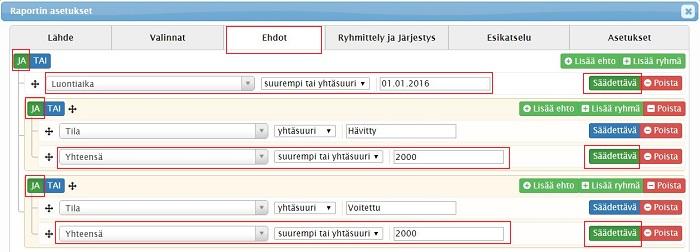 Kuvakaappaus raportin käyttöliittymästä, jossa on suodattimet luotua aikaa, kokonaismäärää ja tarjousvaihetta varten.