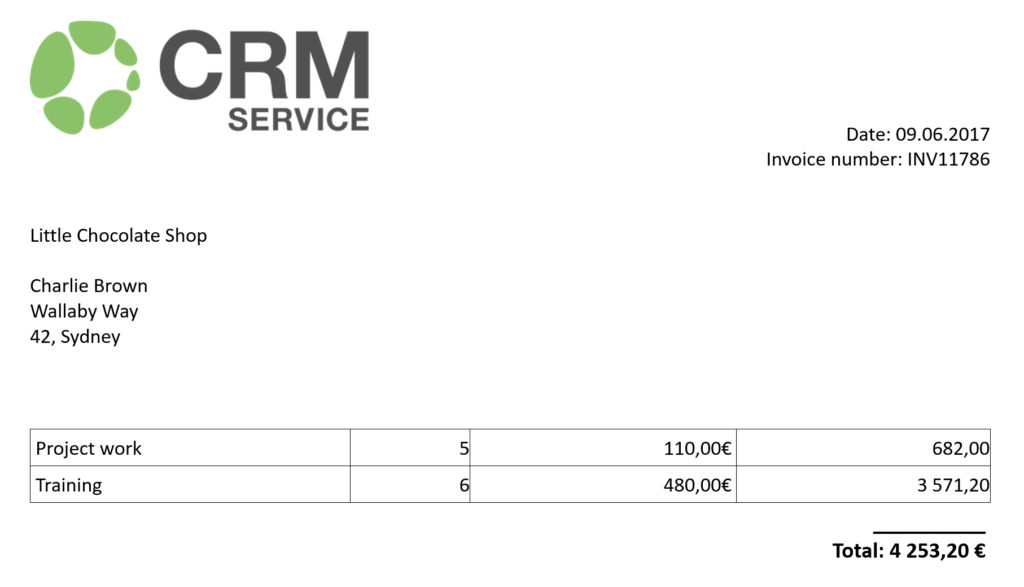 Invoice from CRM Service to Little Chocolate Shop dated 9th June 2017, totaling 4,253.20 euros for project work and training.