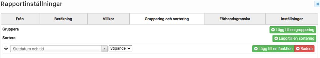 Skärmdump av ett gränssnitt för rapportinställningar med grupperings- och sorteringsalternativ för data.
