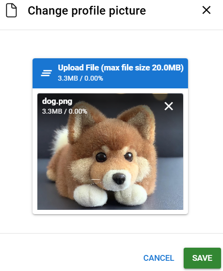 A cute, plush toy dog laying down, with fluffy fur and large eyes, displayed in a profile picture change dialog box.