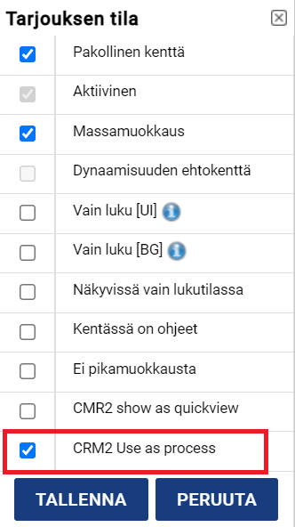 Kuvakaappaus ohjelmiston käyttöliittymästä, jossa määritetään ”Tarjouksen tila” ja jossa on useita valintaruutuvaihtoehtoja ja tallenna / poista / peruuta -painikkeet.