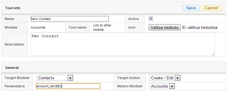 Skärmdump av ett användargränssnitt för att lägga till en ny kontakt med fält för namn, modul och parametrar.