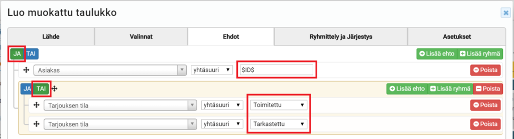 Kuvakaappaus ohjelmistokäyttöliittymästä, jossa suodatusehdot on asetettu ” Tilin nimi ‘ ja ’ Tarjouksen tila ”.