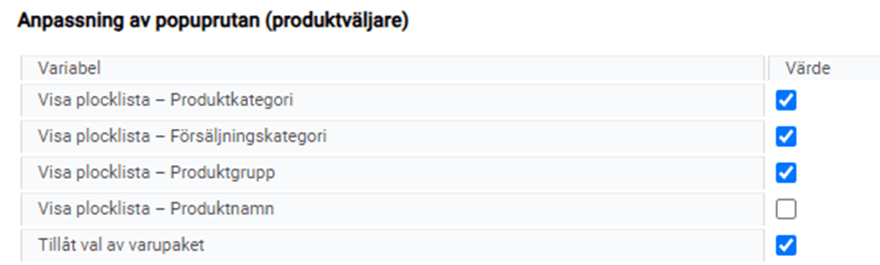 Skärmdump av ett anpassningsgränssnitt med popup-fält för produktväljare med kryssrutor för olika alternativ.