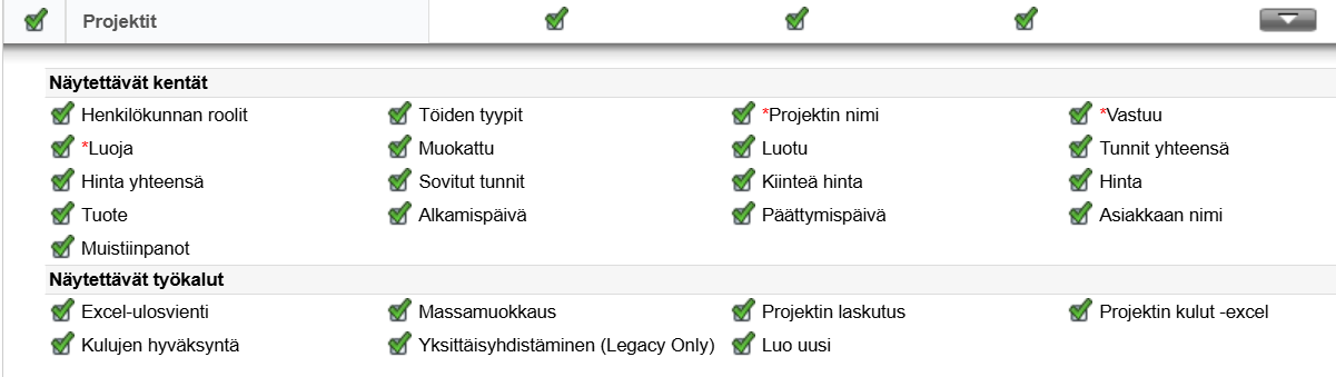 Kuvakaappaus ohjelmiston käyttöliittymästä, jossa on valintaruudut ”Projektit”-kenttien ja ”Näytettävät työkalut”-kenttien mukauttamista varten.