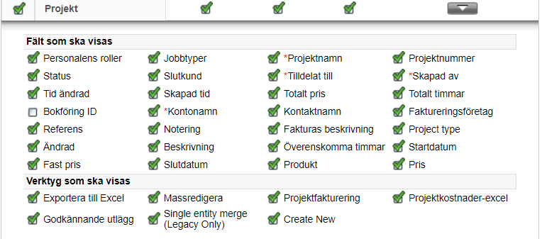 Skärmdump av programgränssnittet, med kryssrutor för att anpassa fälten ""Projekt"" och ""Verktyg som visas"".