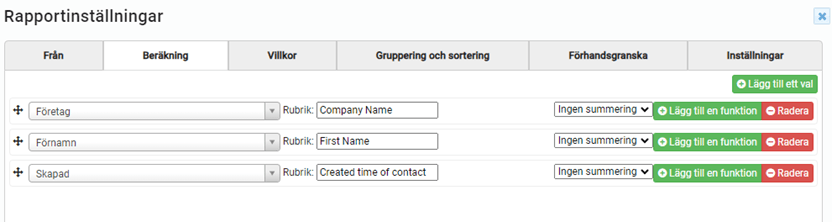 Skärmdump av ett gränssnitt för rapportinställningar med alternativ för prognoser och villkor.