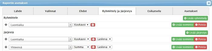 Kuvakaappaus raportin asetusten käyttöliittymästä, jossa on tietojen ryhmittely- ja järjestysvaihtoehtoja.