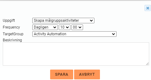 En skärmdump av ett gränssnitt för uppgiftsplanering med alternativ för uppgiftstyp, frekvens, målgrupp och beskrivning.