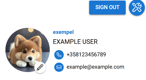 Profile card displaying "EXAMPLE USER" with a plush dog avatar, contact info, and a "SIGN OUT" button in the top corner.