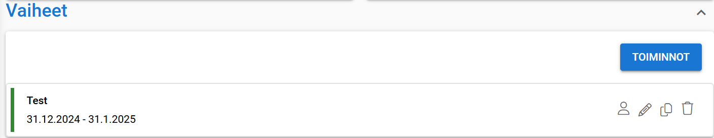 Interface showing a "Phases" section with one item named "Test" running from 31.12.2024 to 31.1.2025, and a "More Actions" button.