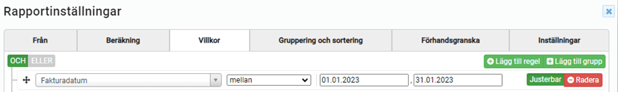 Skärmdump av ett gränssnitt för rapportinställningar med filter för skapad tid, total och offertstadium.