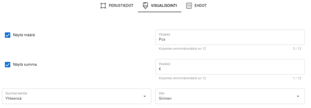 Kuvakaappaus ohjelmiston käyttöliittymästä, jossa on vaihtoehtoja laskun ja summan, kappalemäärien ja eurojen yksikköjen sekä taivaansinisen värin näyttämiseen.