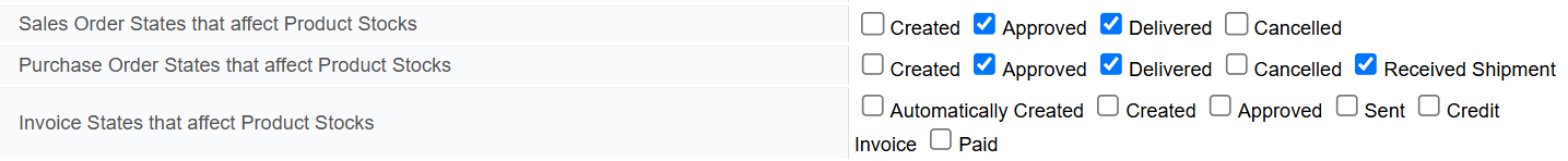 A software interface showing checkboxes for various states of sales, purchase orders, and invoices affecting product stocks.
