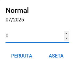 Käyttöliittymän kuvakaappaus, jossa näkyy päivämäärän valintaikkuna, jossa on 'Normal' -merkintä, päivämäärä '07/2025', numerosyötteen arvoksi asetettu '0' sekä ' PERUUTA' ja 'ASETA' -painikkeet.