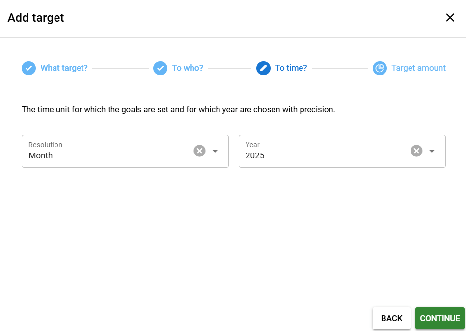 A screenshot of an 'Add target' interface with options for goal-setting by month and year (2025).